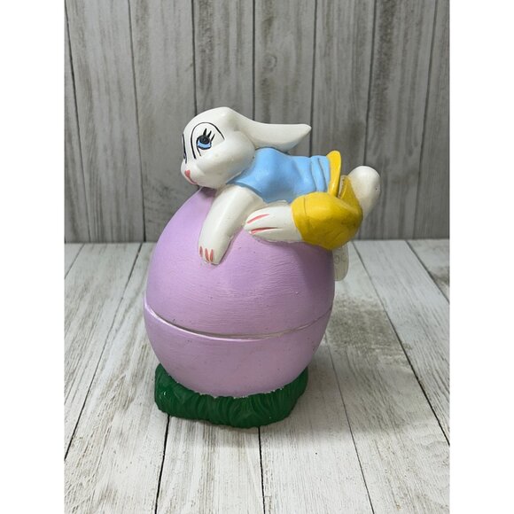 Vintage Ceramic Bunny Easter Rabbit Laying On Purple Egg Trinket Box Big Eye - Picture 2 of 8